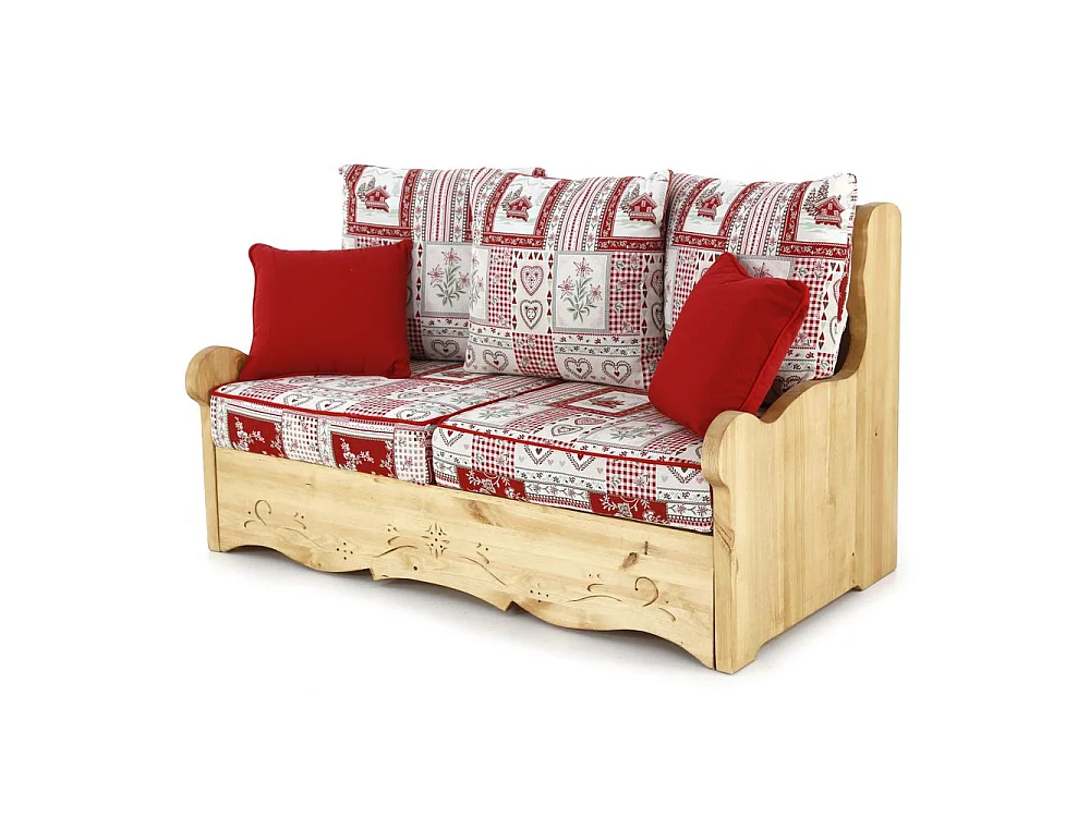 Canapé 2 places avec coffre pin massif sculpté Vanoise rouge Dahu