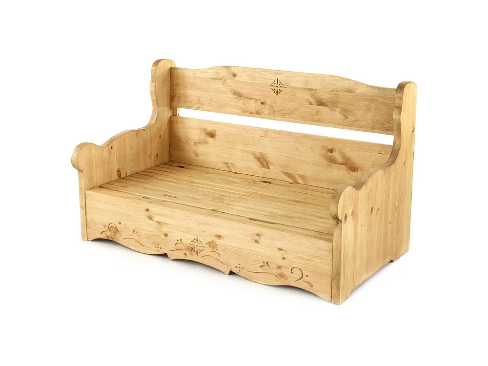 Canapé 2 places avec coffre pin massif sculpté Vanoise rouge Dahu