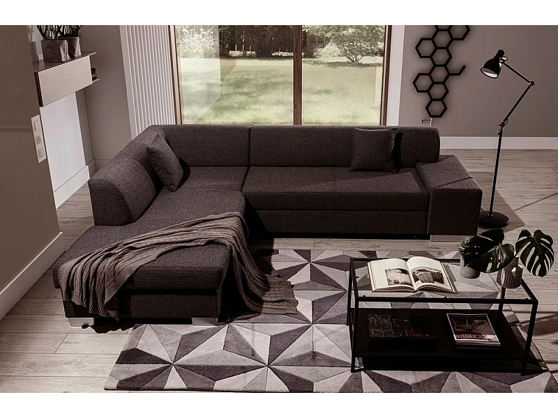 Hoekbank van luxe stof met opbergruimte - donkerbruin, 5 zitplaatsen, strak design