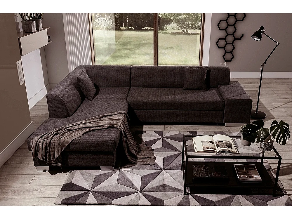 Canapé d'angle convertible en tissu luxe 5 places, coffre - marron foncé, angle gauche (vu de face), PORTOFINO