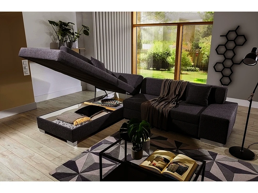 Canapé d'angle convertible en tissu luxe 5 places, coffre - marron foncé, angle gauche (vu de face), PORTOFINO