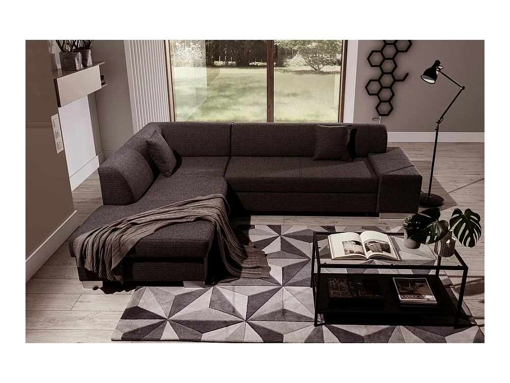 Canapé d'angle convertible en tissu luxe 5 places, coffre - marron foncé, angle gauche (vu de face), PORTOFINO