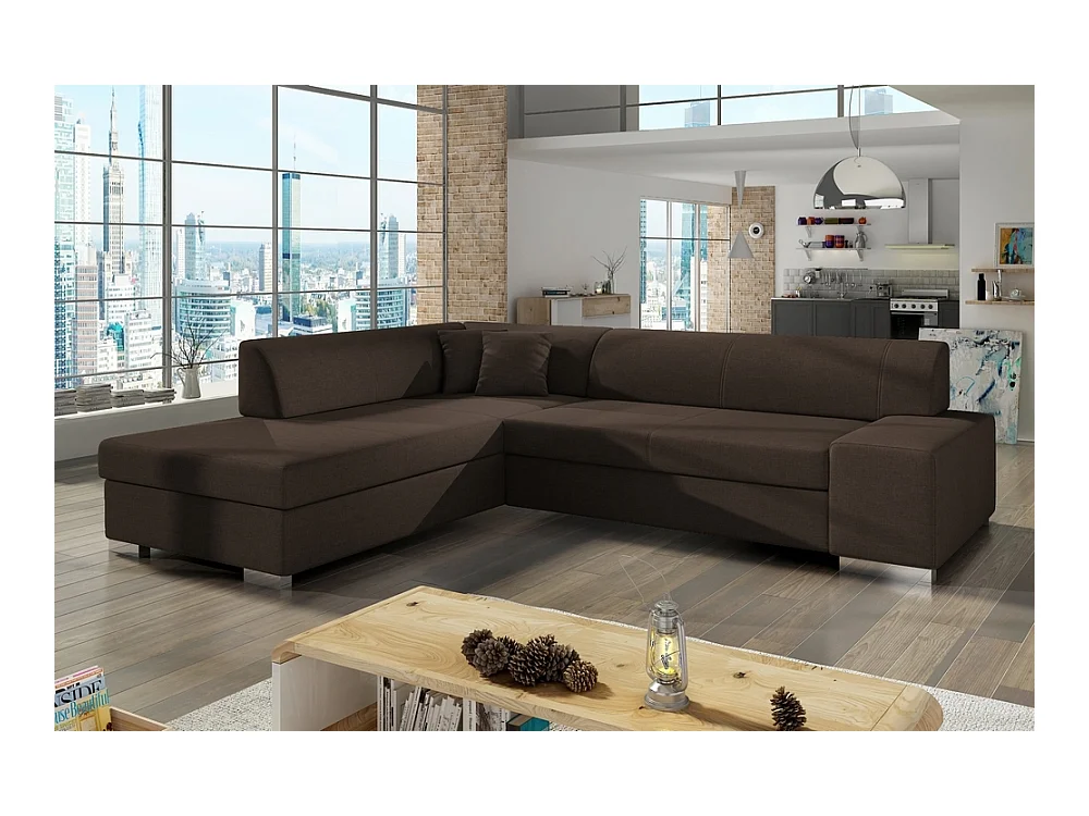 Canapé d'angle convertible en tissu luxe 5 places, coffre - marron foncé, angle gauche (vu de face), PORTOFINO