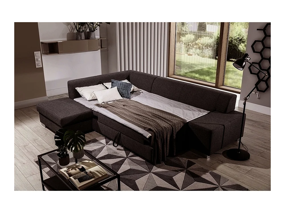 Canapé d'angle convertible en tissu luxe 5 places, coffre - marron foncé, angle gauche (vu de face), PORTOFINO
