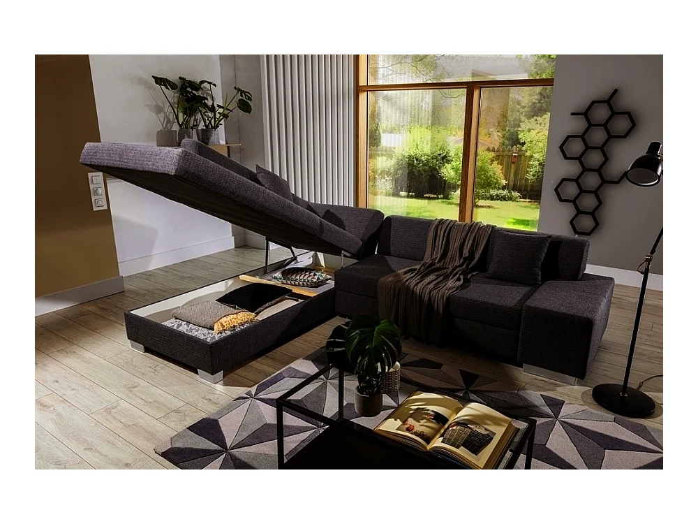 Canapé d'angle convertible en tissu luxe 5 places, coffre - marron foncé, angle gauche (vu de face), PORTOFINO