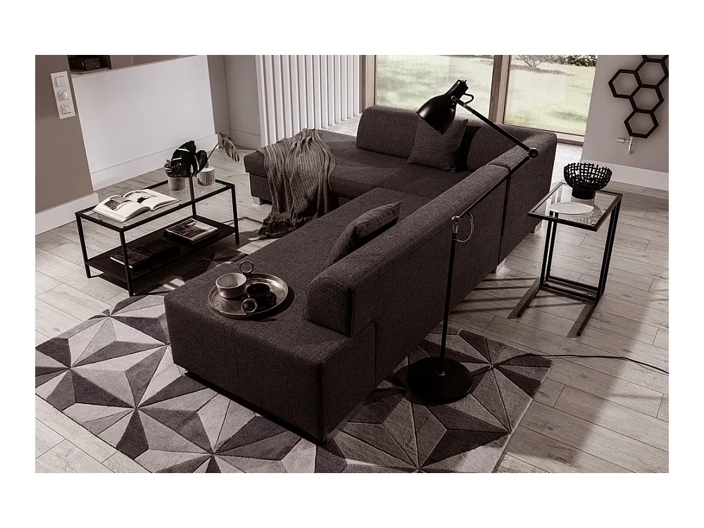 Canapé d'angle convertible en tissu luxe 5 places, coffre - marron foncé, angle gauche (vu de face), PORTOFINO