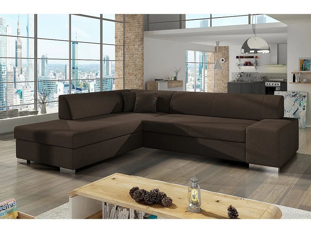 Hoekbank van luxe stof met opbergruimte - donkerbruin, 5 zitplaatsen, strak design