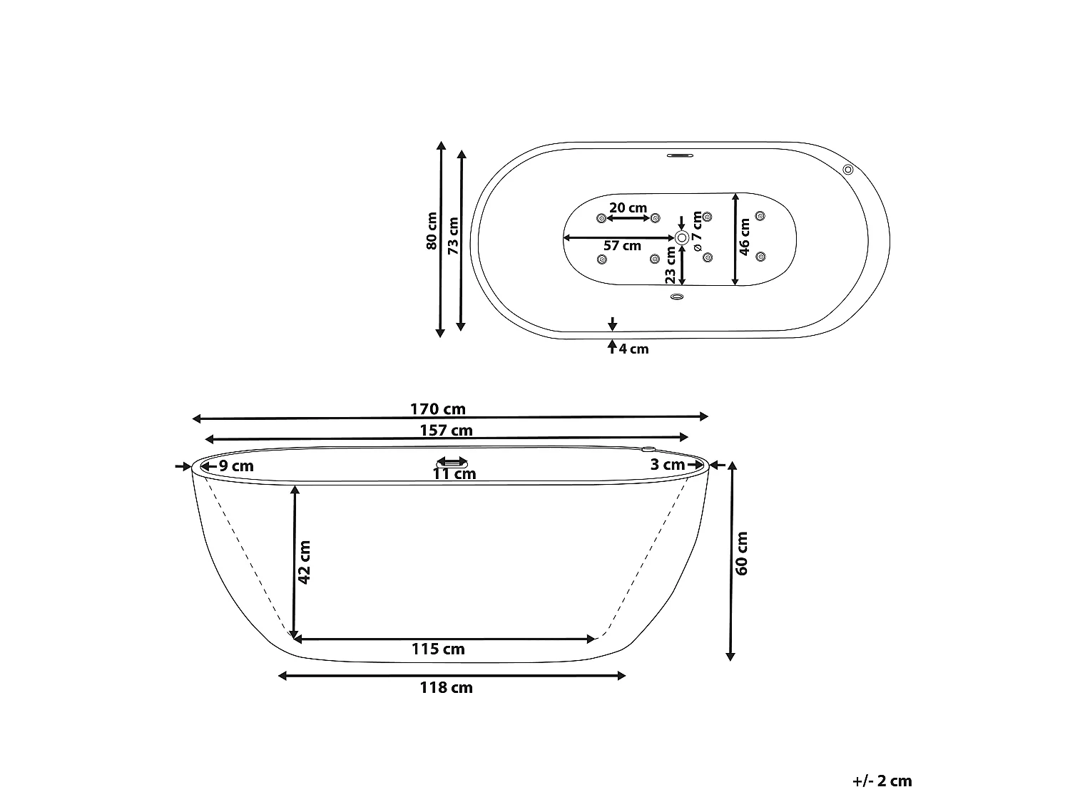 Baignoire îlot blanche 170 x 80 cm avec LED NEVIS III