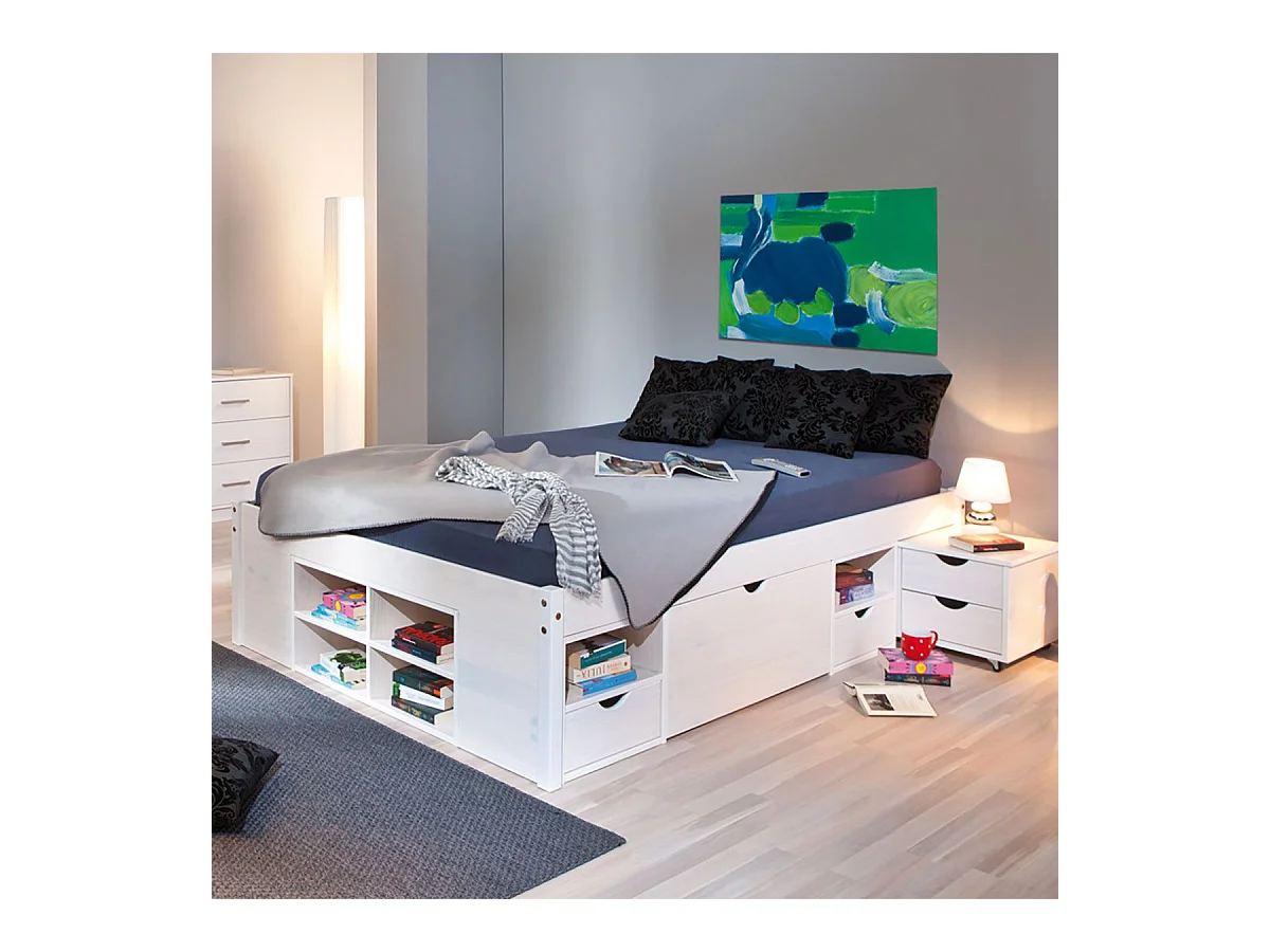 ALASKA - Lit 180x200cm multi-rangement Vernis Blanc