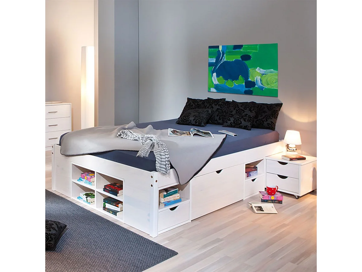 ALASKA - Lit 180x200cm multi-rangement Vernis Blanc