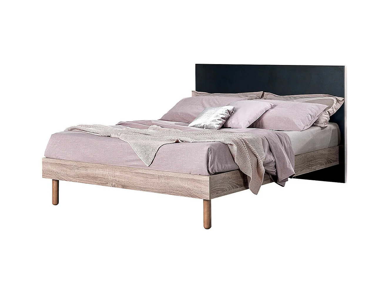 MAELYS - Lit 160x200cm avec Tête de Lit Noire