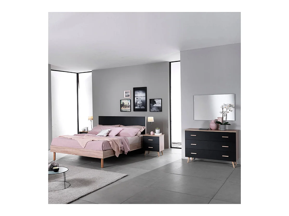 MAELYS - Lit 160x200cm avec Tête de Lit Noire