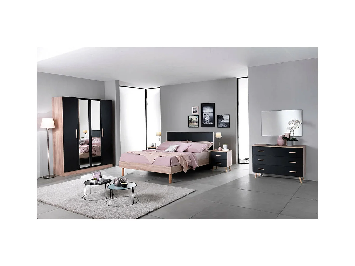 MAELYS - Lit 160x200cm avec Tête de Lit Noire