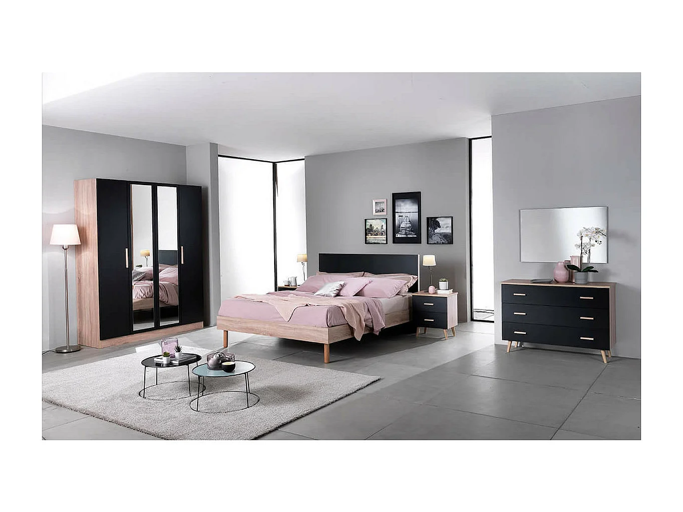 MAELYS - Lit 160x200cm avec Tête de Lit Noire