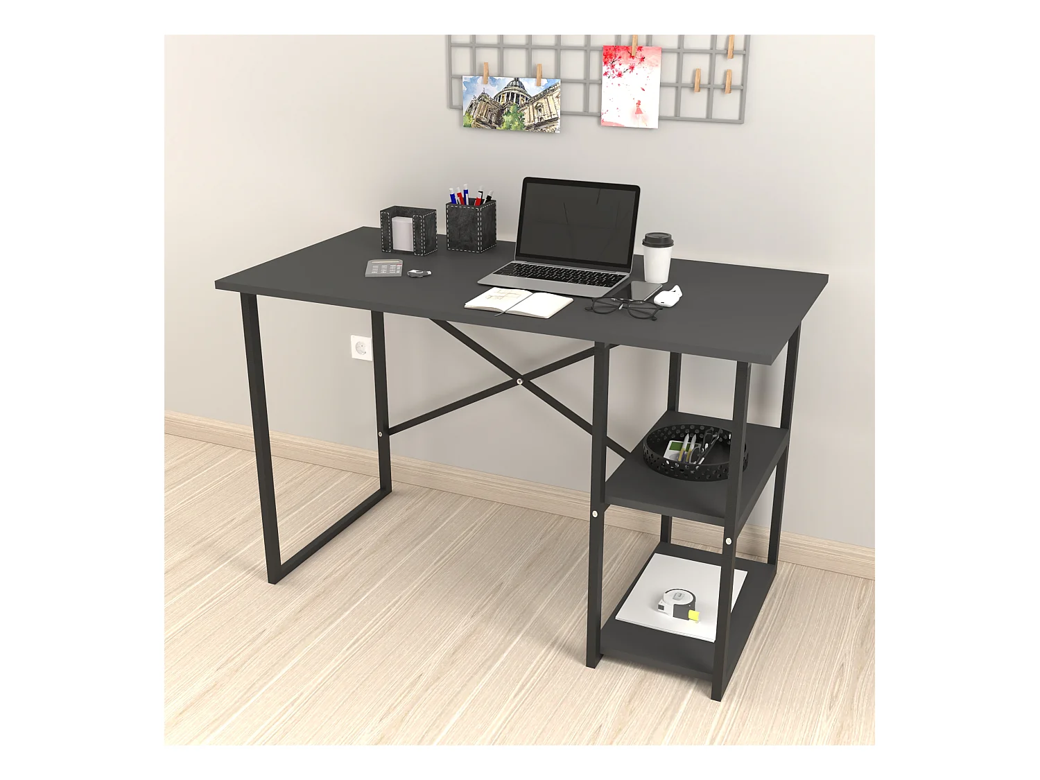 Bureau Nittedal avec étagère intégrée à 2 niveaux 75 x 120 x 60 cm anthracite [en.casa]