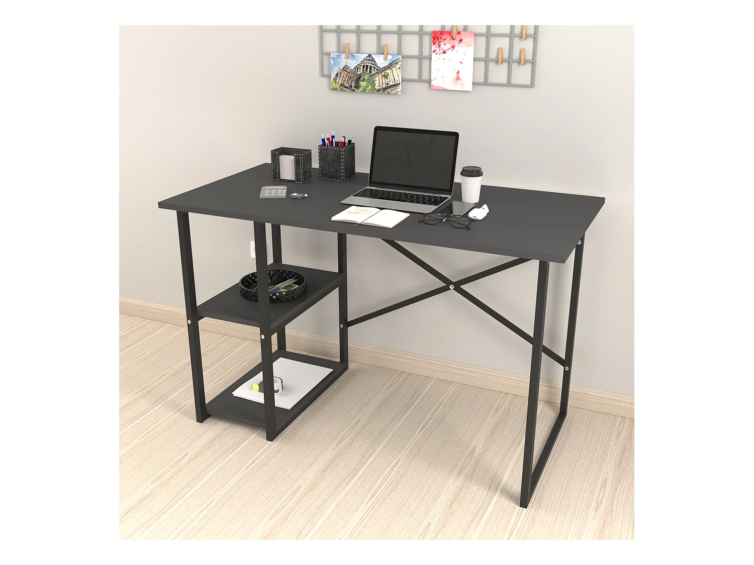 Bureau Nittedal avec étagère intégrée à 2 niveaux 75 x 120 x 60 cm anthracite [en.casa]