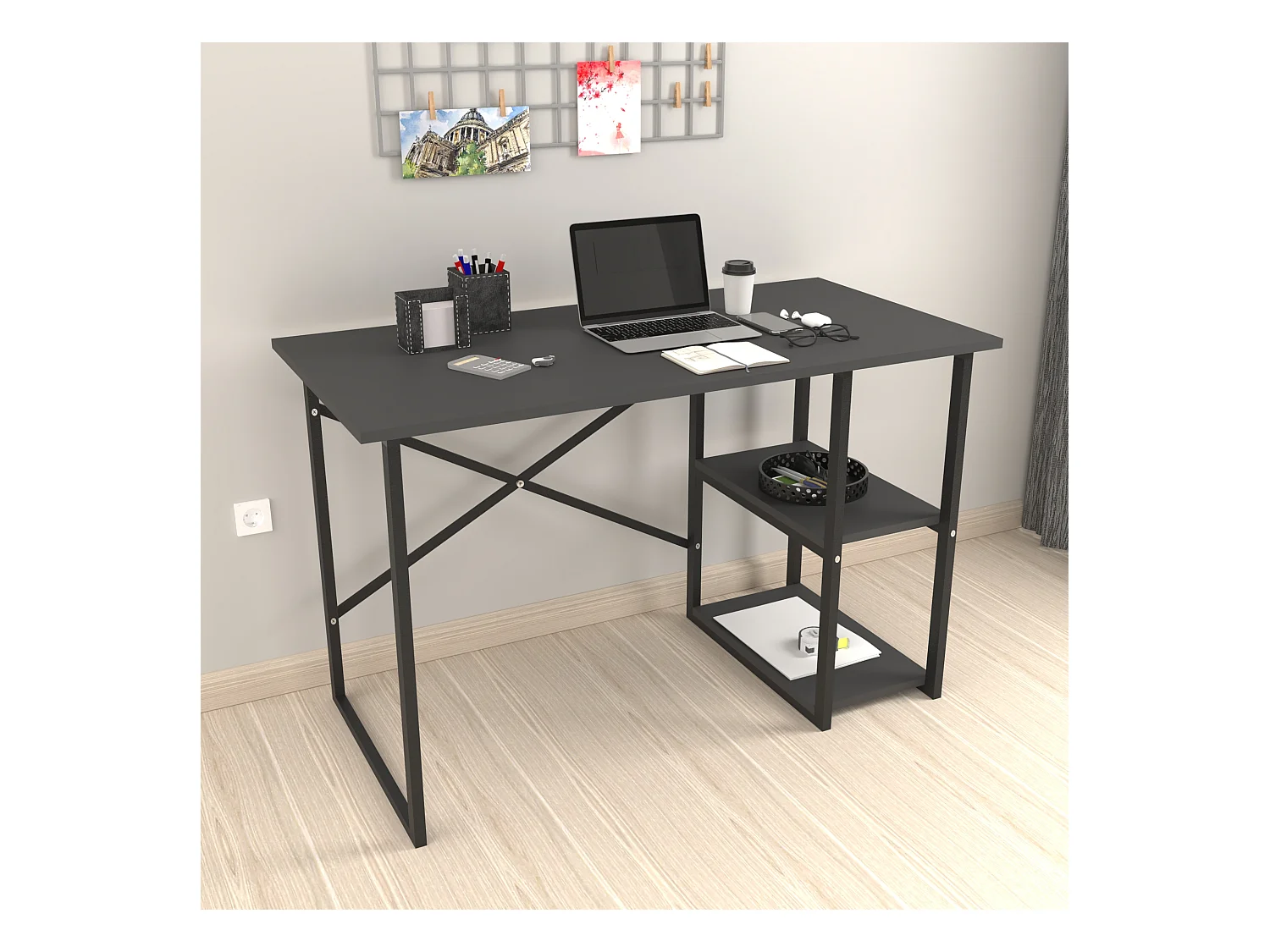 Bureau Nittedal avec étagère intégrée à 2 niveaux 75 x 120 x 60 cm anthracite [en.casa]