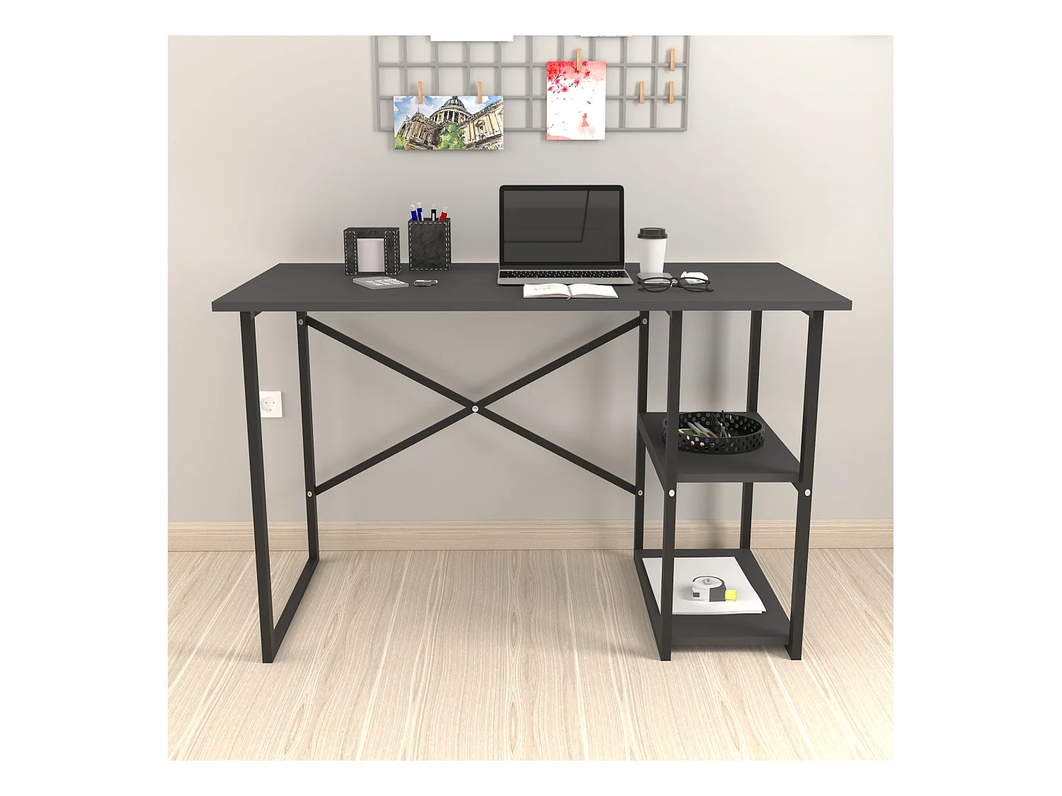 Bureau Nittedal avec étagère intégrée à 2 niveaux 75 x 120 x 60 cm anthracite [en.casa]