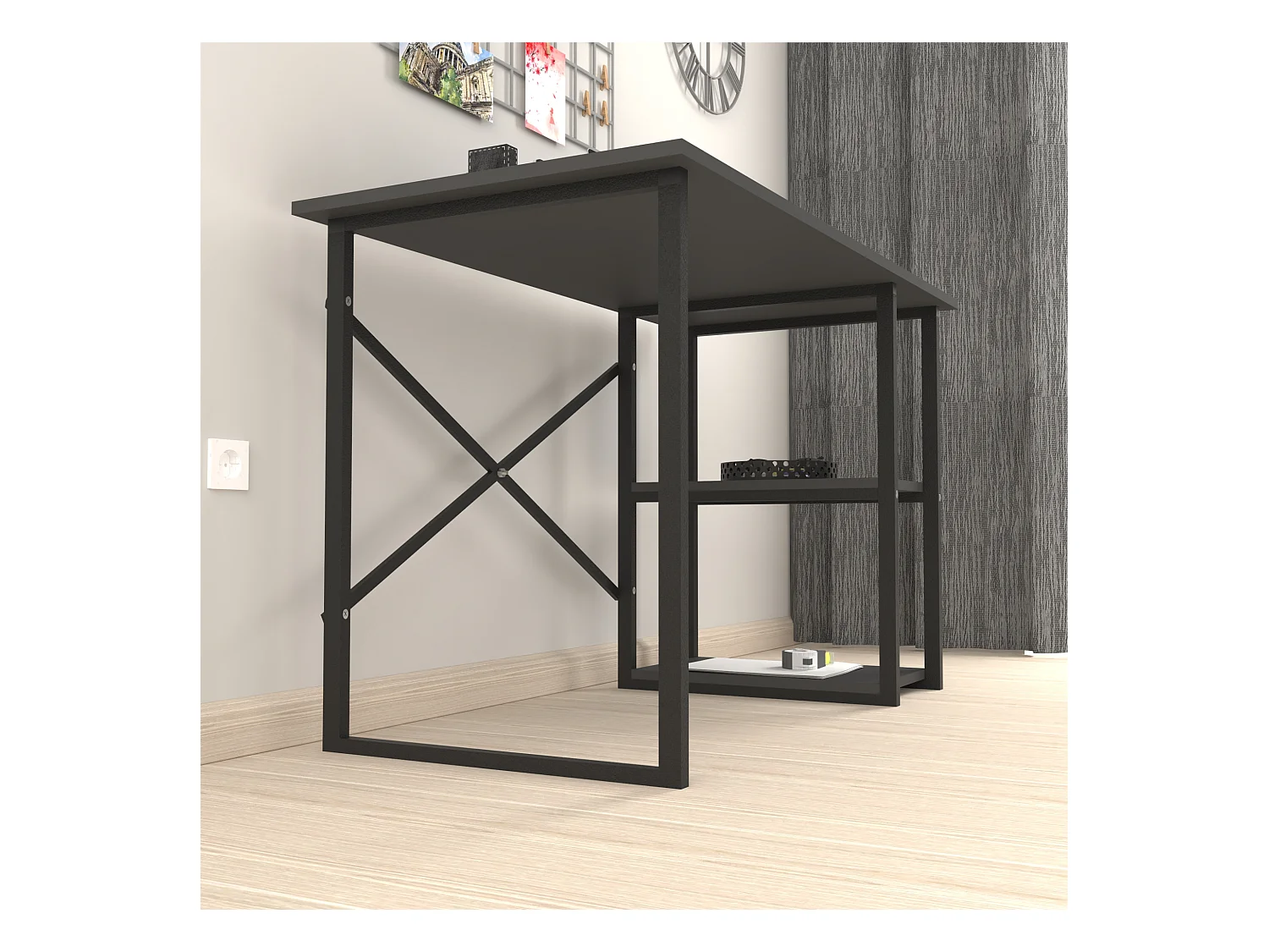 Bureau Nittedal avec étagère intégrée à 2 niveaux 75 x 120 x 60 cm anthracite [en.casa]