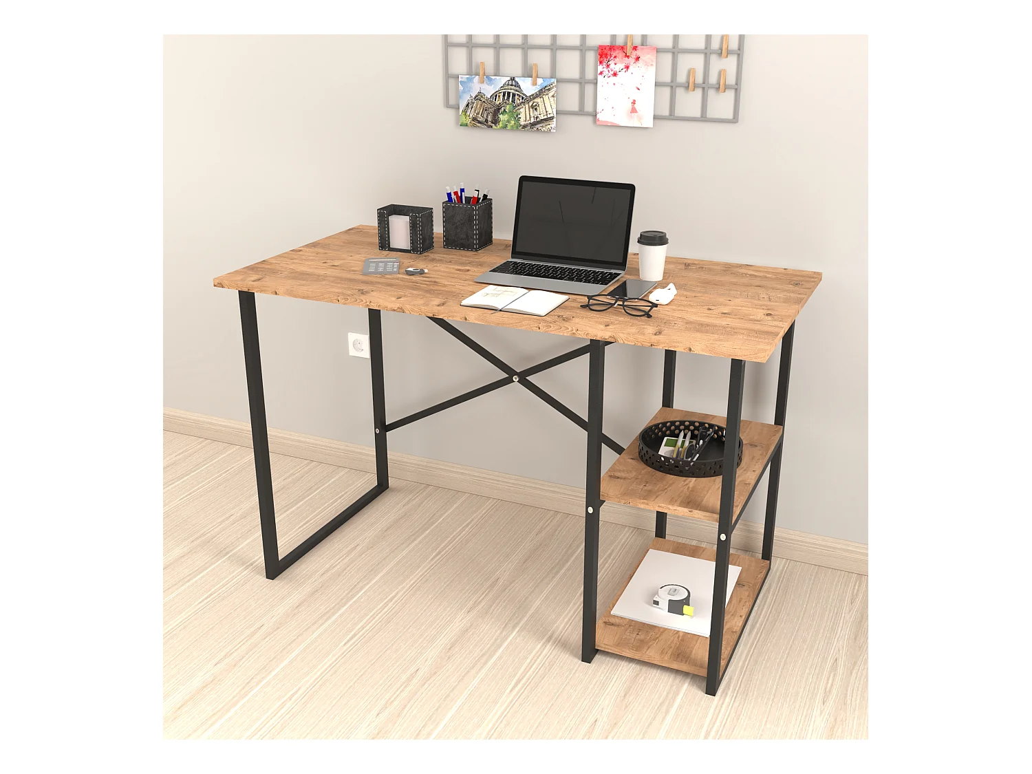 Bureau Nittedal avec étagère intégrée à 2 niveaux 75 x 120 x 60 cm effet chêne [en.casa]