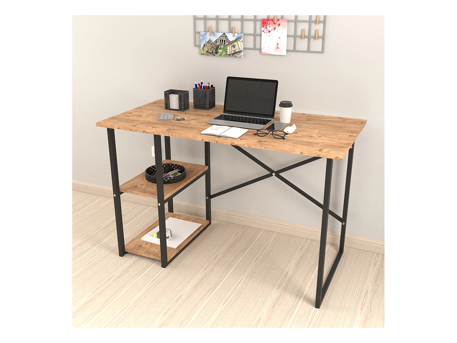 Bureau Nittedal avec étagère intégrée à 2 niveaux 75 x 120 x 60 cm effet chêne [en.casa]