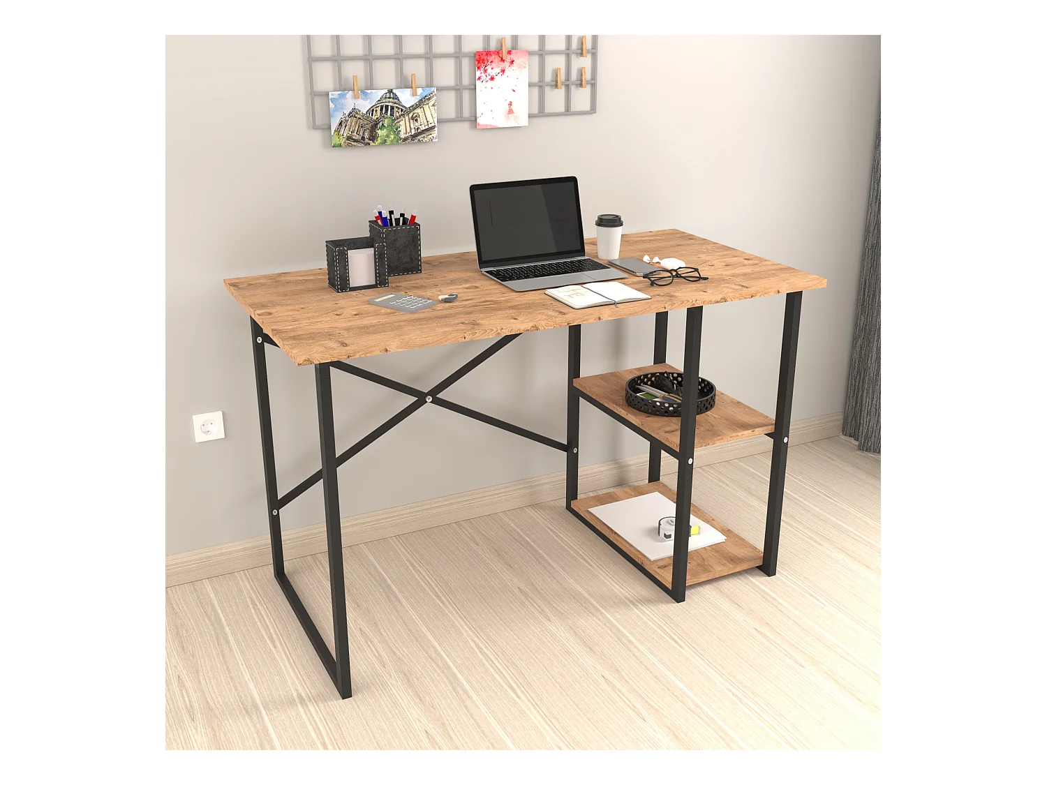 Bureau Nittedal avec étagère intégrée à 2 niveaux 75 x 120 x 60 cm effet chêne [en.casa]