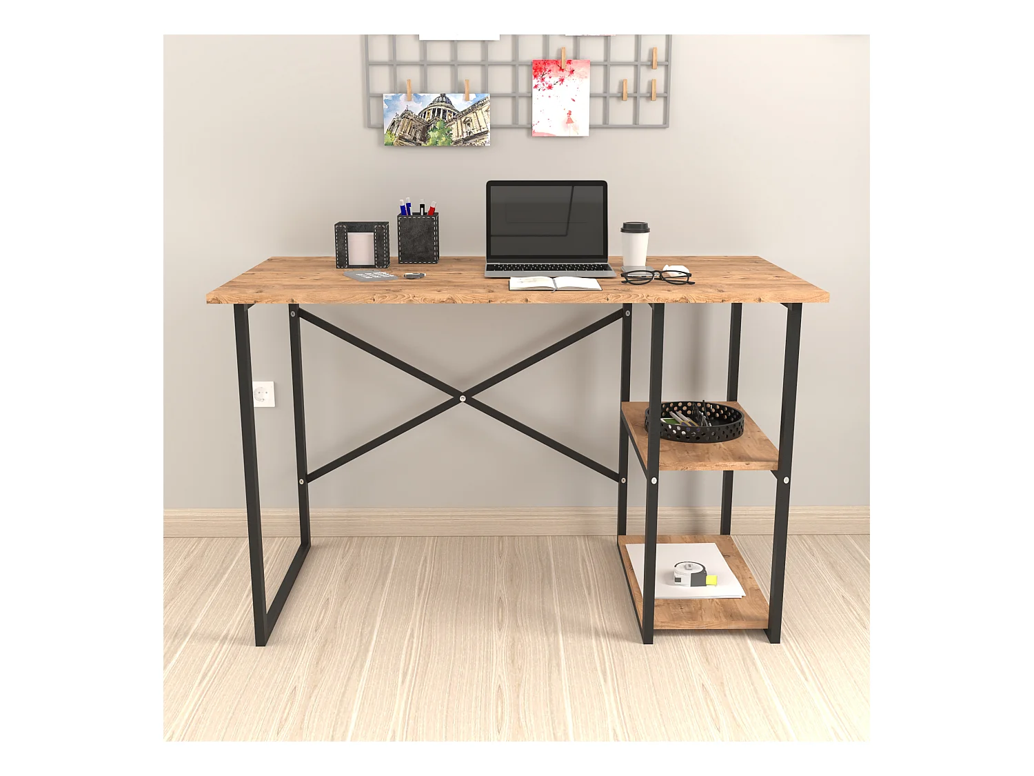 Bureau Nittedal avec étagère intégrée à 2 niveaux 75 x 120 x 60 cm effet chêne [en.casa]