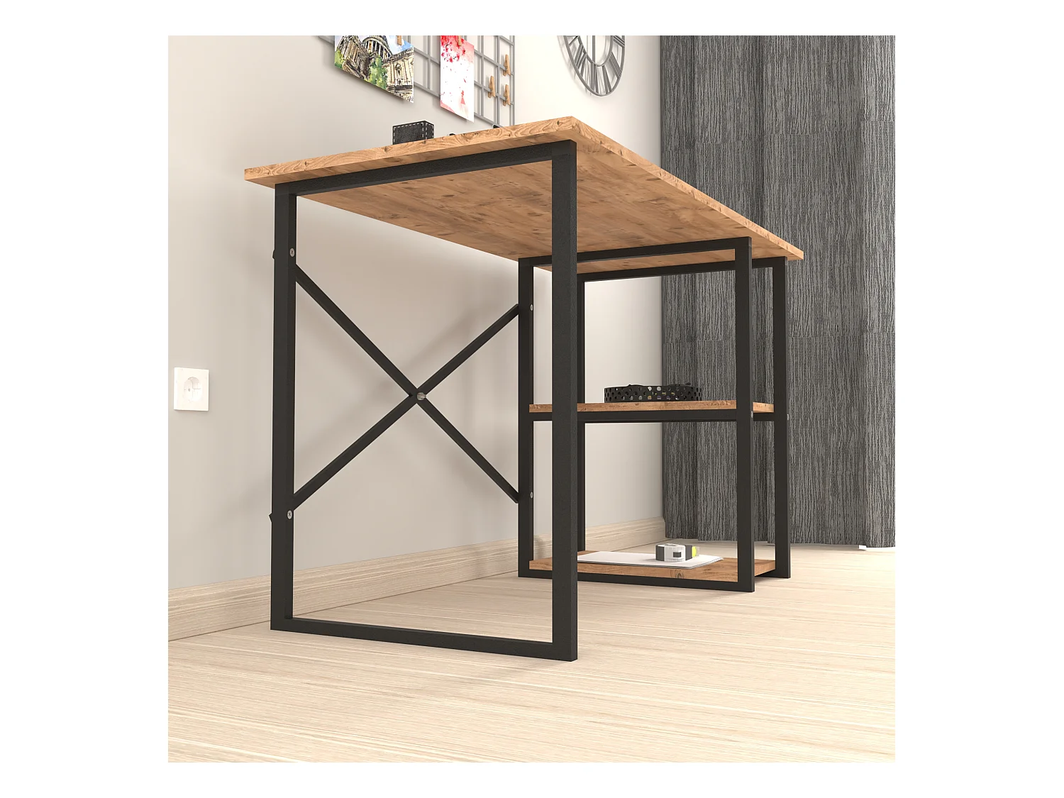 Bureau Nittedal avec étagère intégrée à 2 niveaux 75 x 120 x 60 cm effet chêne [en.casa]