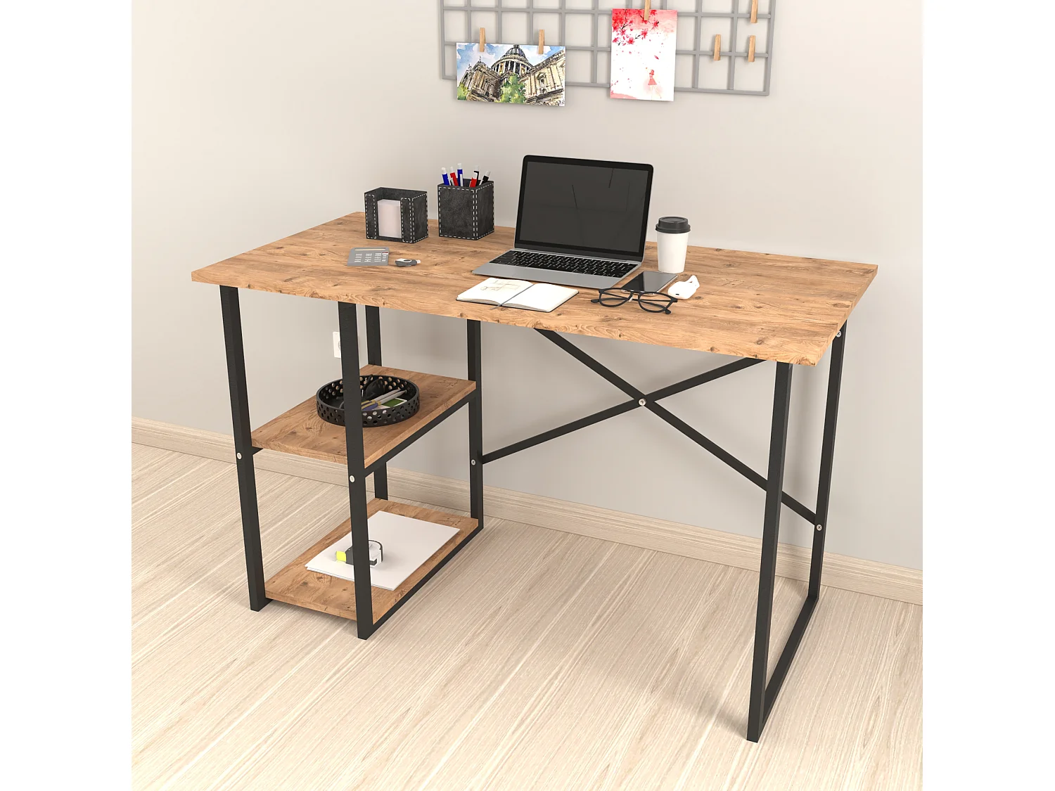 Bureau Nittedal avec étagère intégrée à 2 niveaux 75 x 120 x 60 cm effet chêne [en.casa]