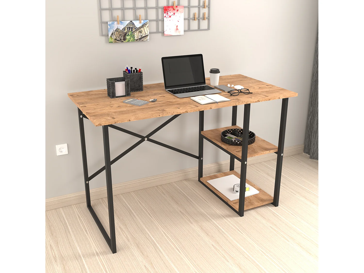 Bureau Nittedal avec étagère intégrée à 2 niveaux 75 x 120 x 60 cm effet chêne [en.casa]