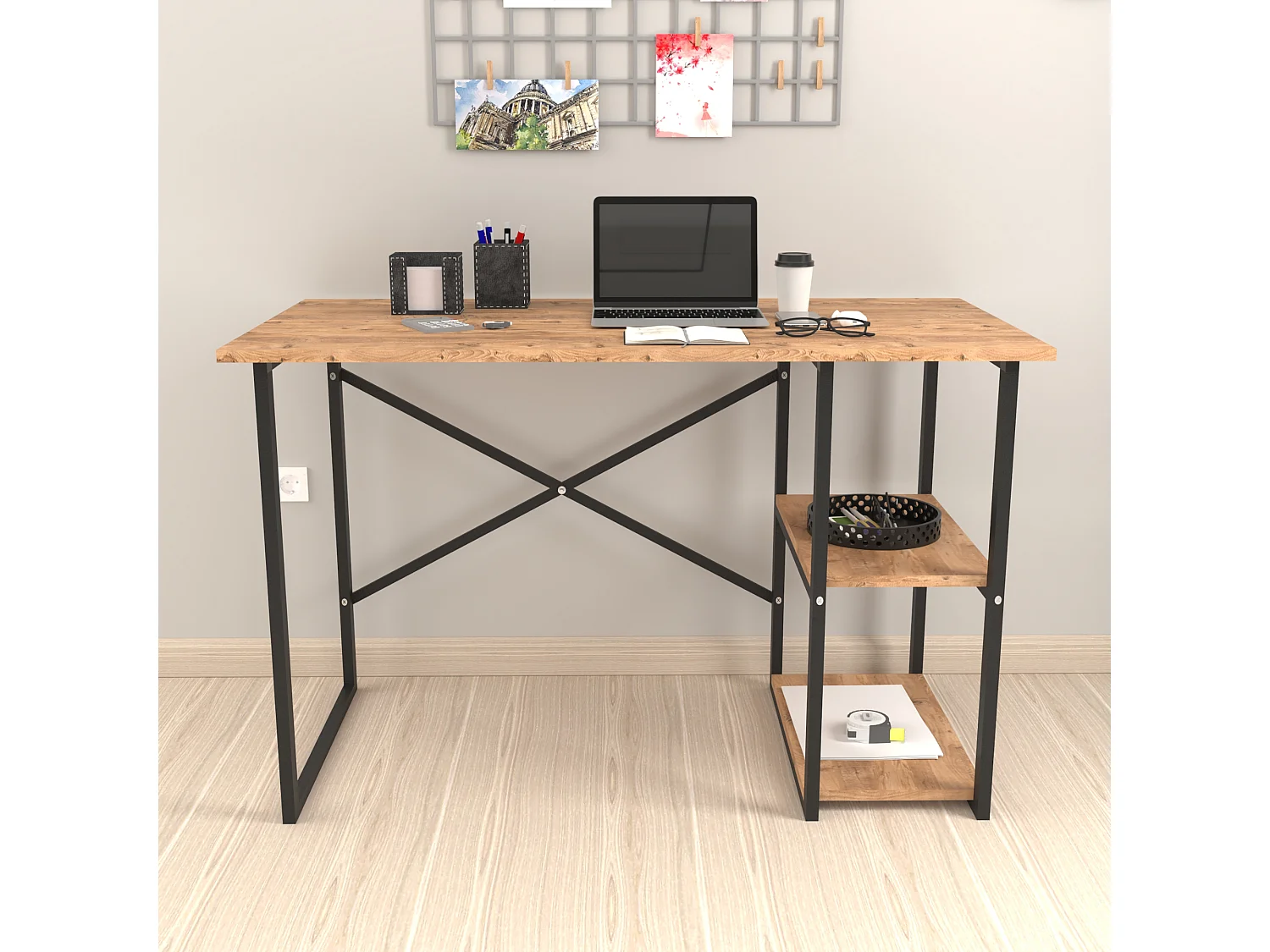Bureau Nittedal avec étagère intégrée à 2 niveaux 75 x 120 x 60 cm effet chêne [en.casa]