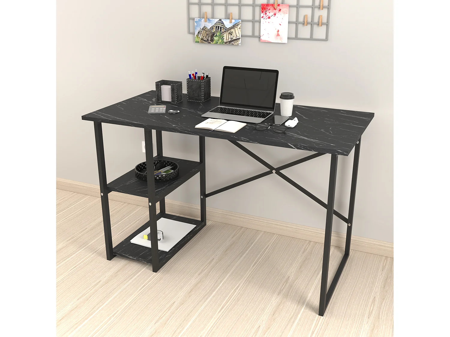 Bureau Nittedal avec étagère intégrée à 2 niveaux 75 x 120 x 60 cm marbre noir [en.casa]