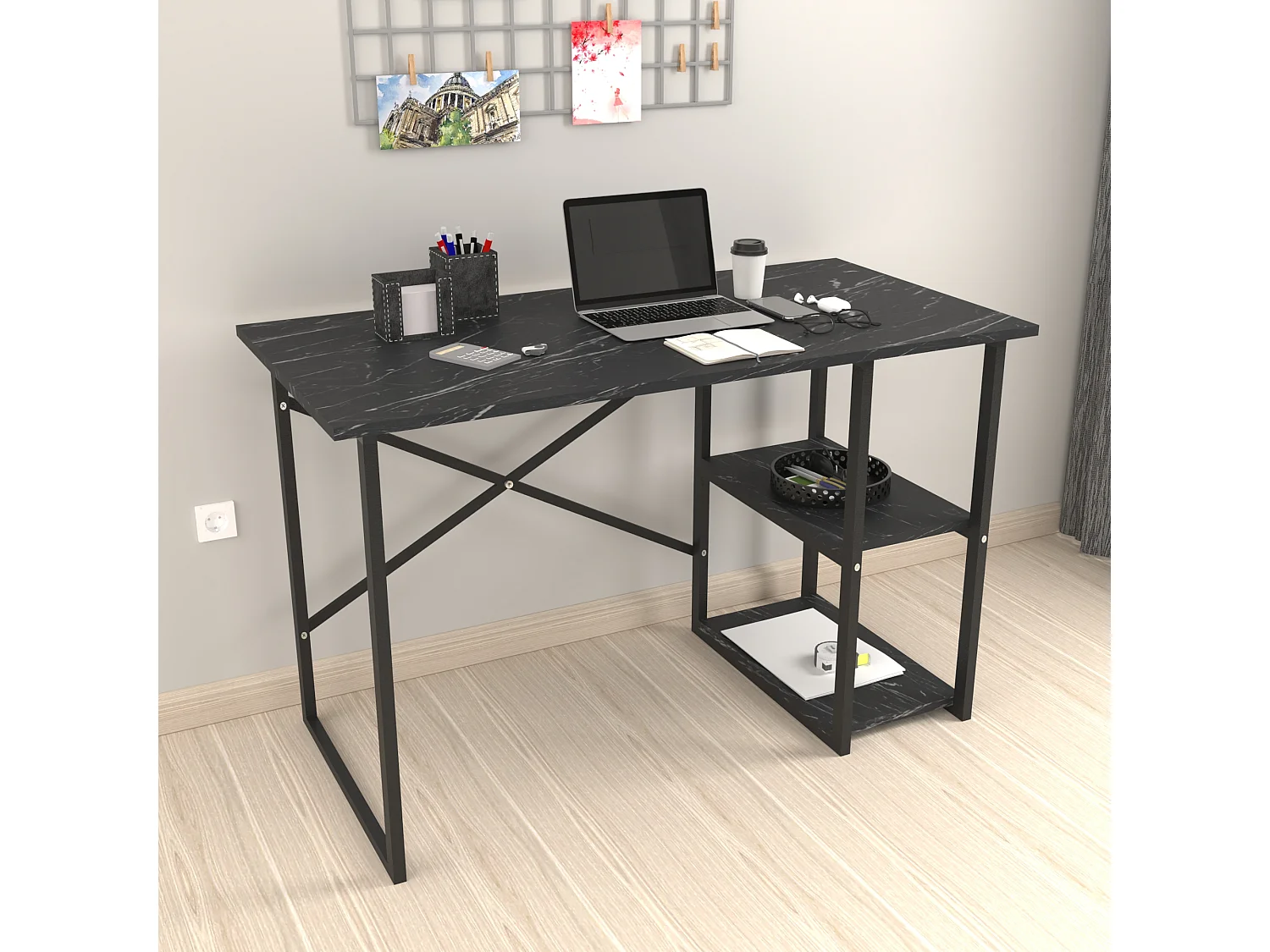 Bureau Nittedal avec étagère intégrée à 2 niveaux 75 x 120 x 60 cm marbre noir [en.casa]