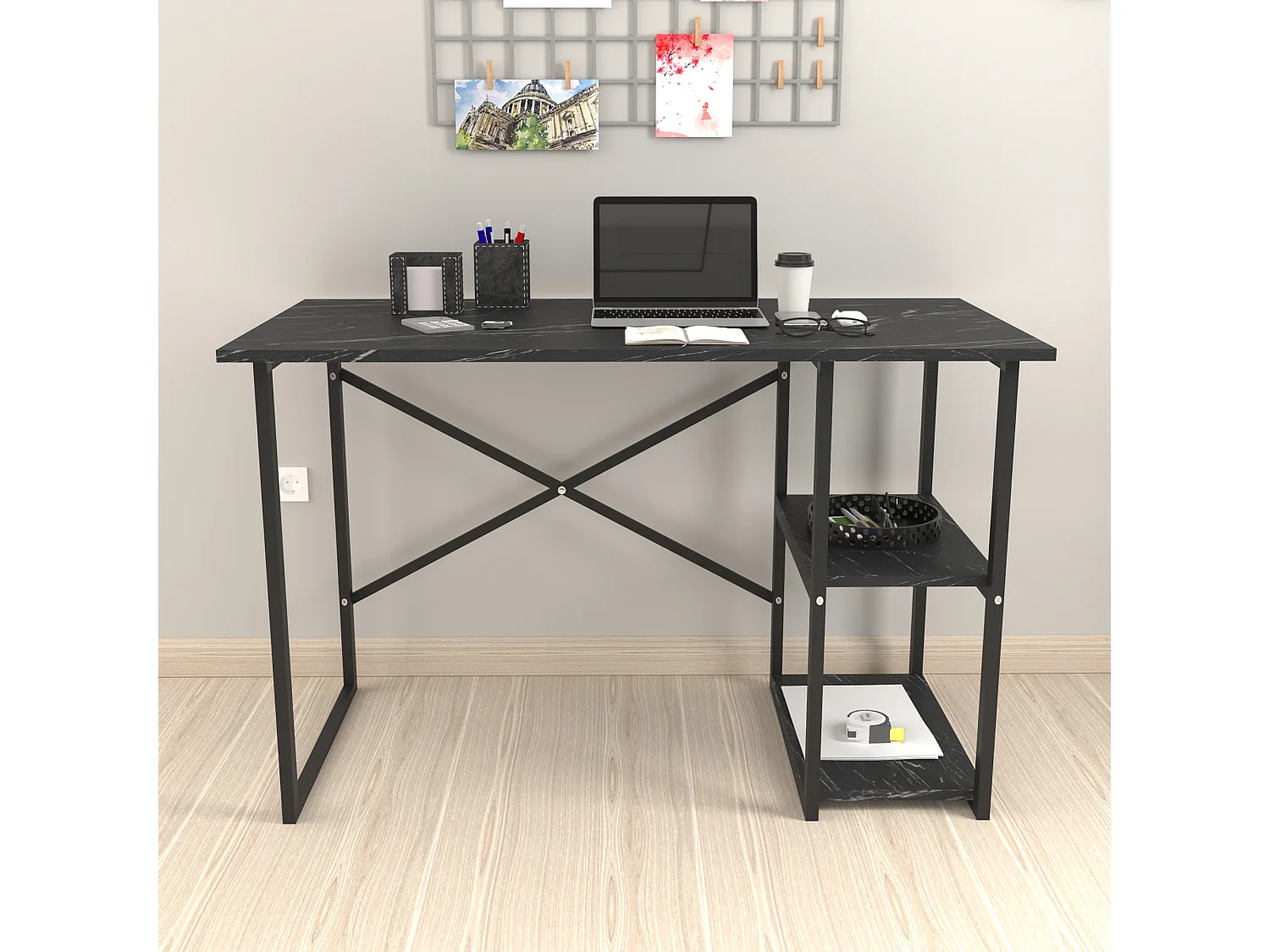 Bureau Nittedal avec étagère intégrée à 2 niveaux 75 x 120 x 60 cm marbre noir [en.casa]