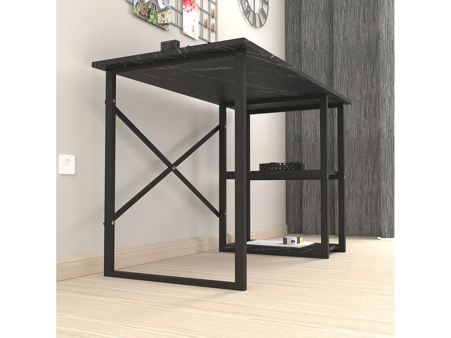 Bureau Nittedal avec étagère intégrée à 2 niveaux 75 x 120 x 60 cm marbre noir [en.casa]