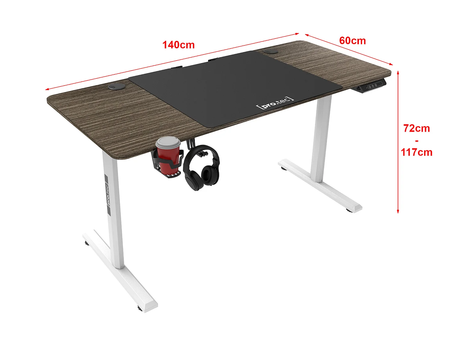 Bureau électrique Hayward à hauteur réglable 140 x 60 x 72 - 117 cm effet bois foncé [pro.tec]