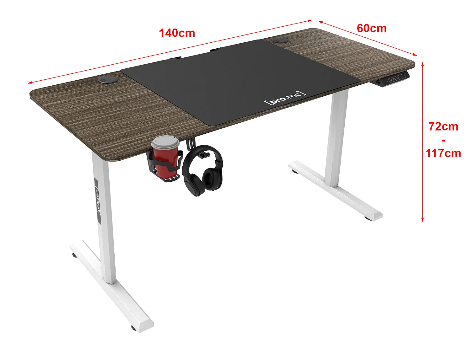 Bureau électrique Hayward à hauteur réglable 140 x 60 x 72 - 117 cm effet bois foncé [pro.tec]