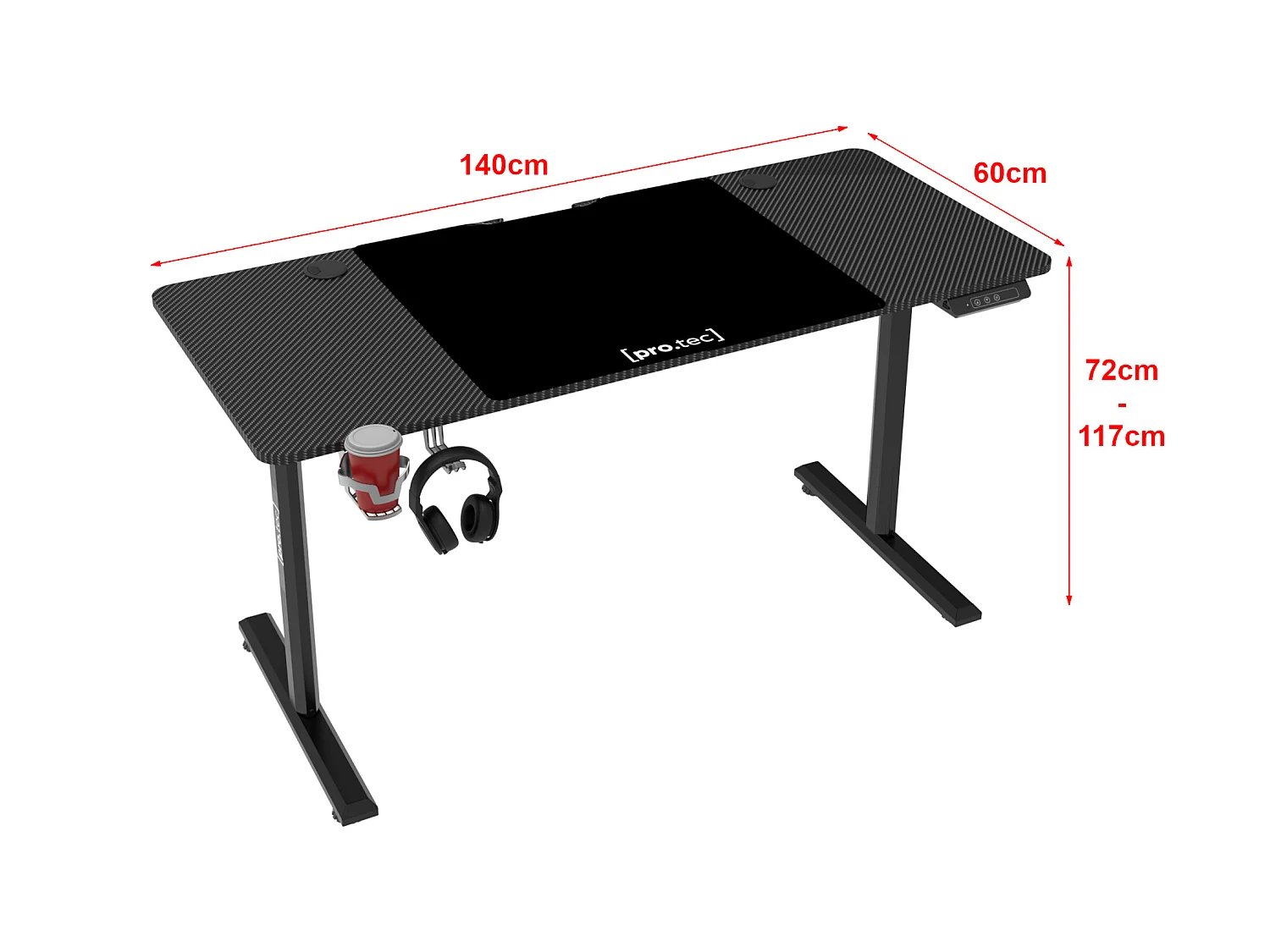 Bureau électrique Hayward à hauteur réglable 140 x 60 x 72 - 117 cm noir [pro.tec]