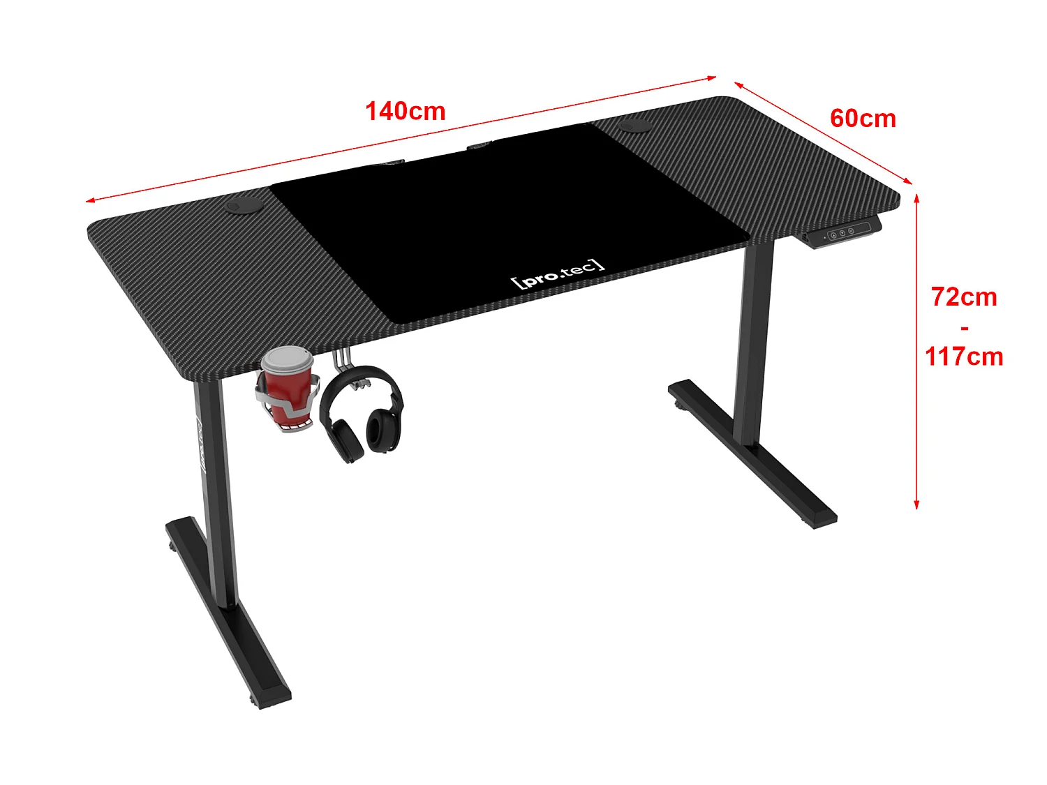 Bureau électrique Hayward à hauteur réglable 140 x 60 x 72 - 117 cm noir [pro.tec]