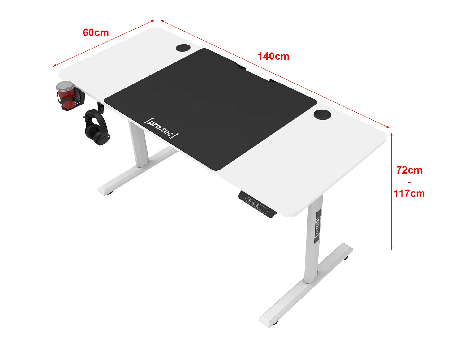Bureau électrique Hayward à hauteur réglable 140 x 60 x 72 - 117 cm blanc [pro.tec]