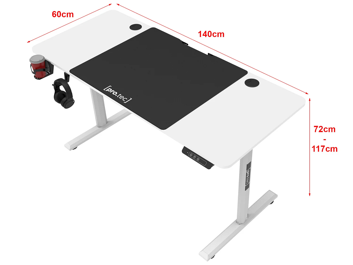 Bureau électrique Hayward à hauteur réglable 140 x 60 x 72 - 117 cm blanc [pro.tec]
