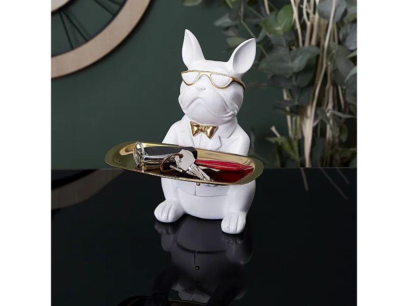 Sculpture Deco Bulldog Blanc Vide Poche 21cm Blanc, Or
