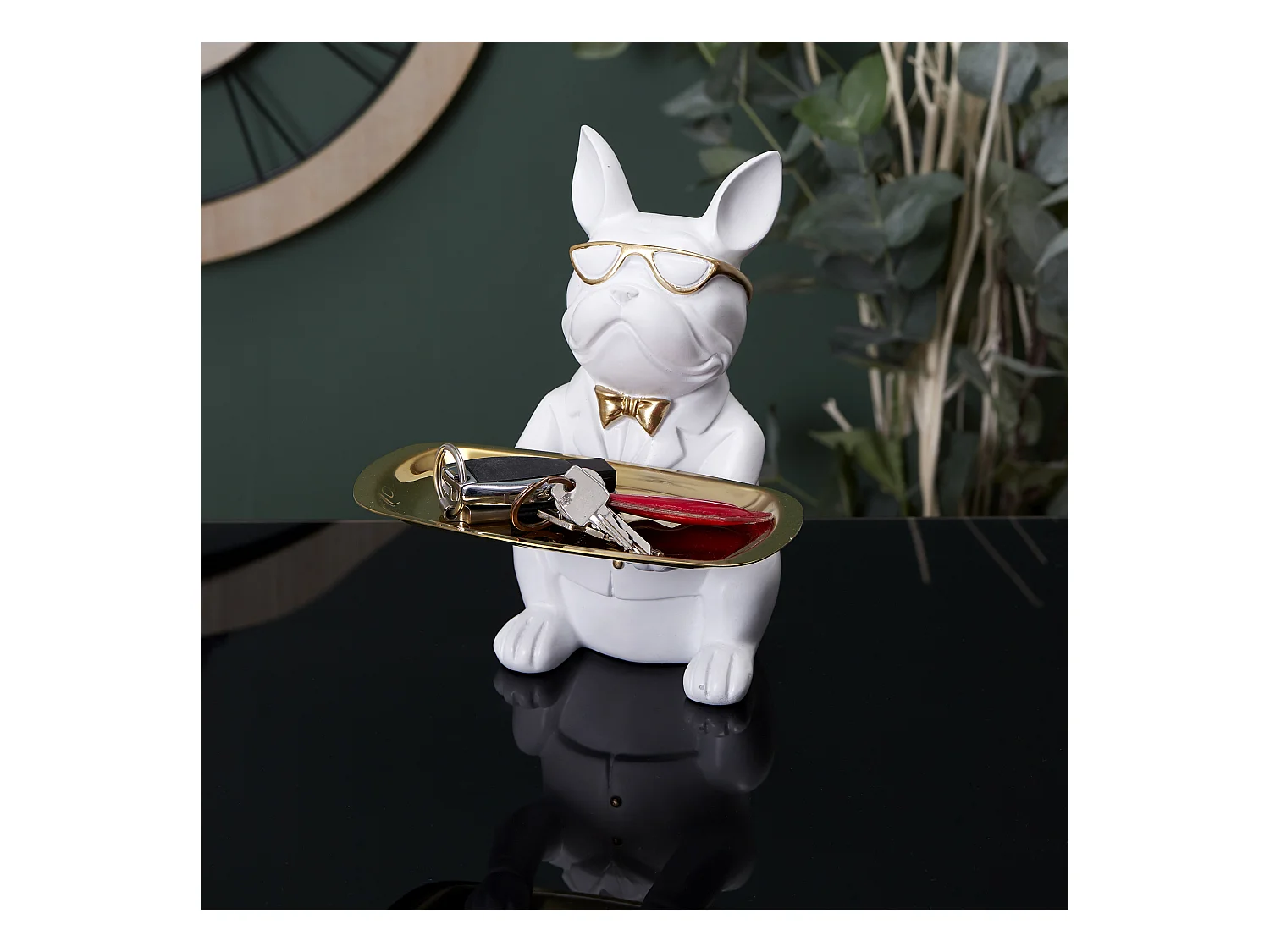 Sculpture Deco Bulldog Blanc Vide Poche 21cm Blanc, Or