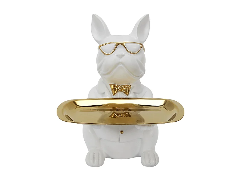 Sculpture Deco Bulldog Blanc Vide Poche 21cm Blanc, Or