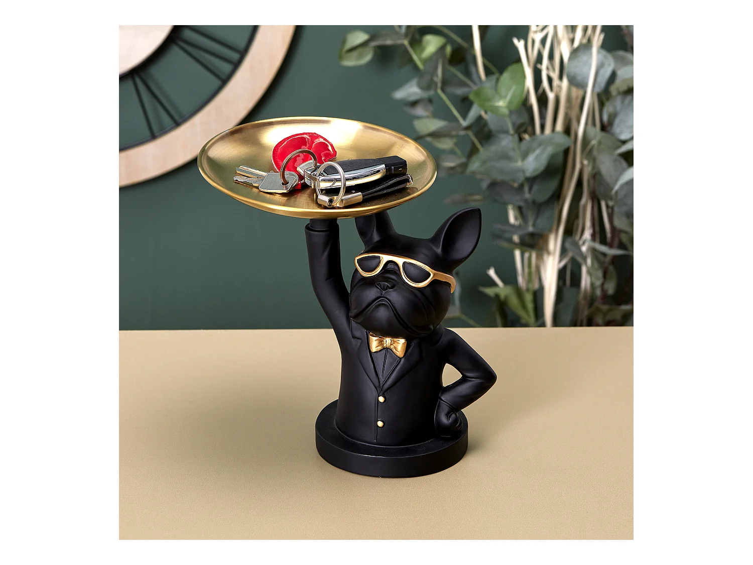 Sculpture Deco Bulldog Noir Vide Poche 23cm Noir, Or