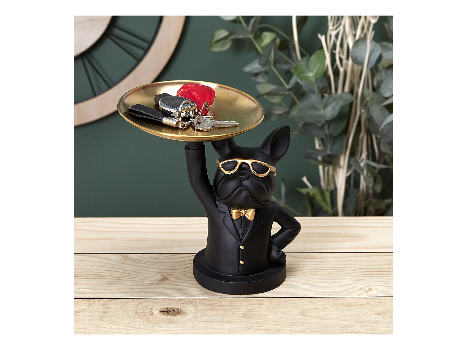 Sculpture Deco Bulldog Noir Vide Poche 23cm Noir, Or