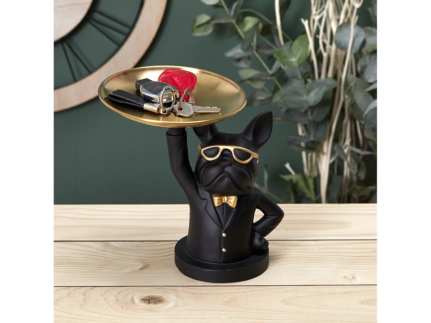 Sculpture Deco Bulldog Noir Vide Poche 23cm Noir, Or