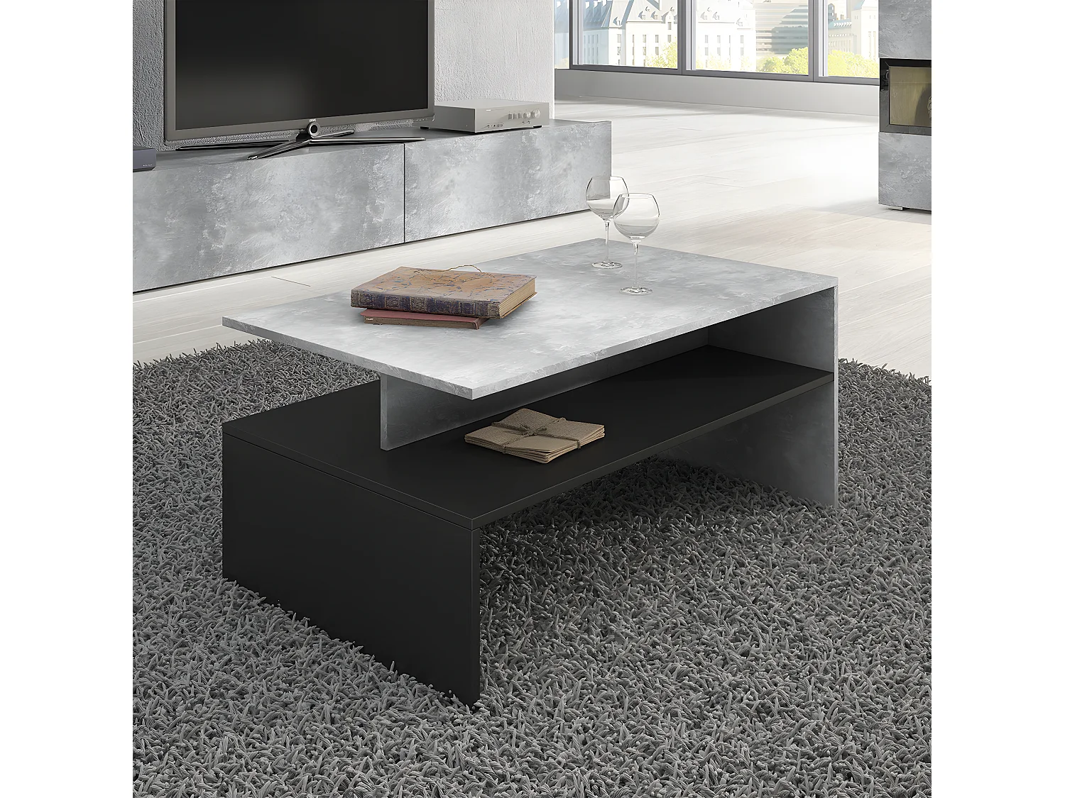 Stolik kawowy BAROS 100x60 jasny beton/czarny