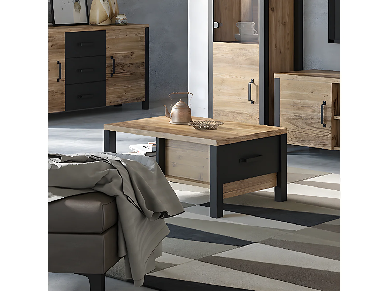 Mesa de centro 1 cajón Lyam Madera y Negro