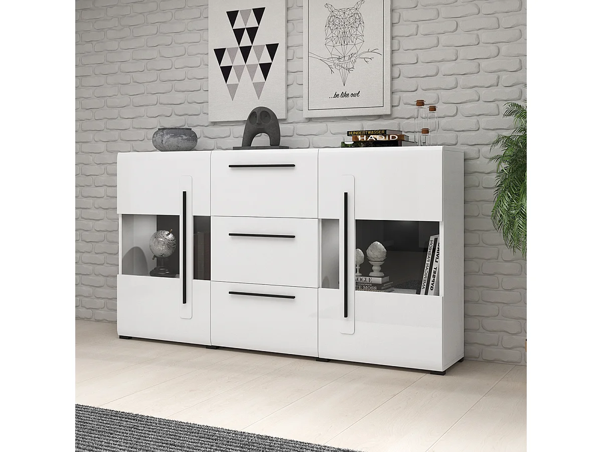 Buffet 2 portes 3 tiroirs avec LED Louis Blanc